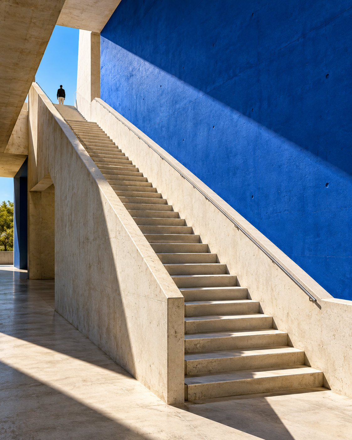 Sunlit staircase rising beside a cobalt-blue wall